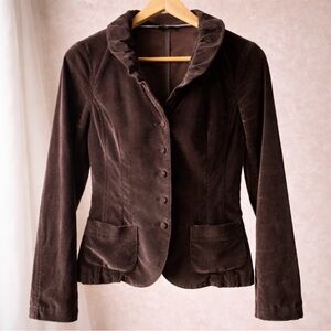 Brown Blazer Women XS Ruffle Collar Button Front Jacket Vintage Style